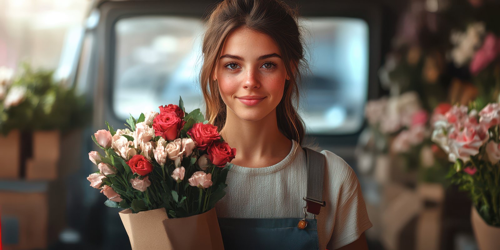 Young woman with bouquet standing in flower shop surrounded by fresh blooms in a cozy atmosphere during daylight